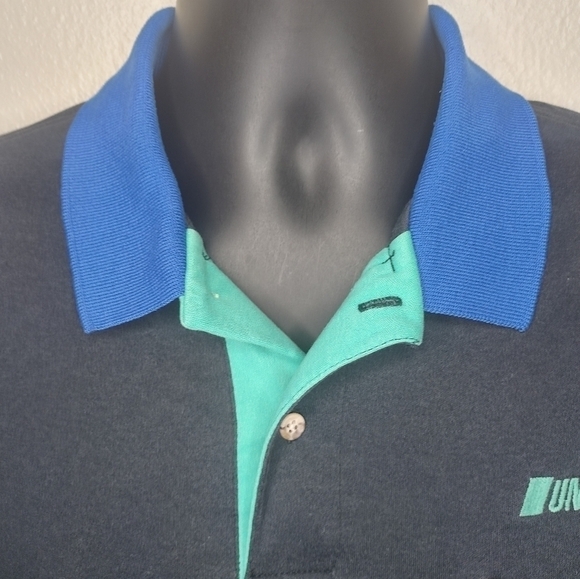 Vintage 90s Hilton Uniroyal Men's XL Shirt Polo S/S Made In USA Black Blue Teal - Picture 2 of 7